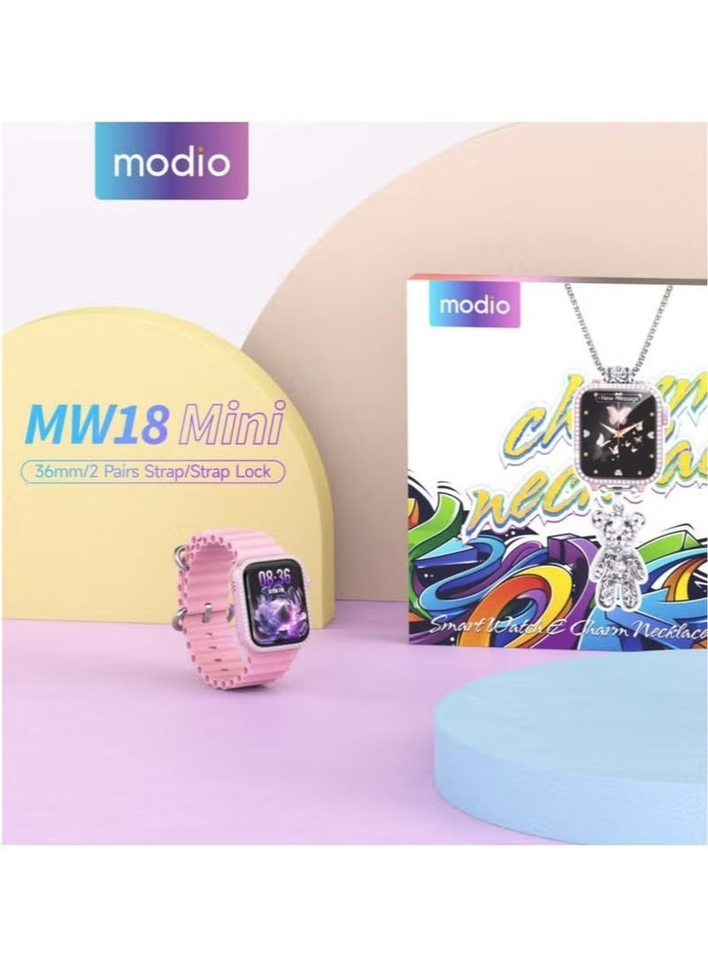 موديو ساعة ذكية MW18 Mini مقاس 36 مم بشاشة HD، مع سوارين قابلين للتبديل، سلسلة أنيقة واسوارة، شاحن لاسلكي، تتبع للياقة البدنية، قياس معدل ضربات القلب، مراقبة النوم وإشعارات المكالمات، تصميم نسائي مدمج – وردي - Image 1